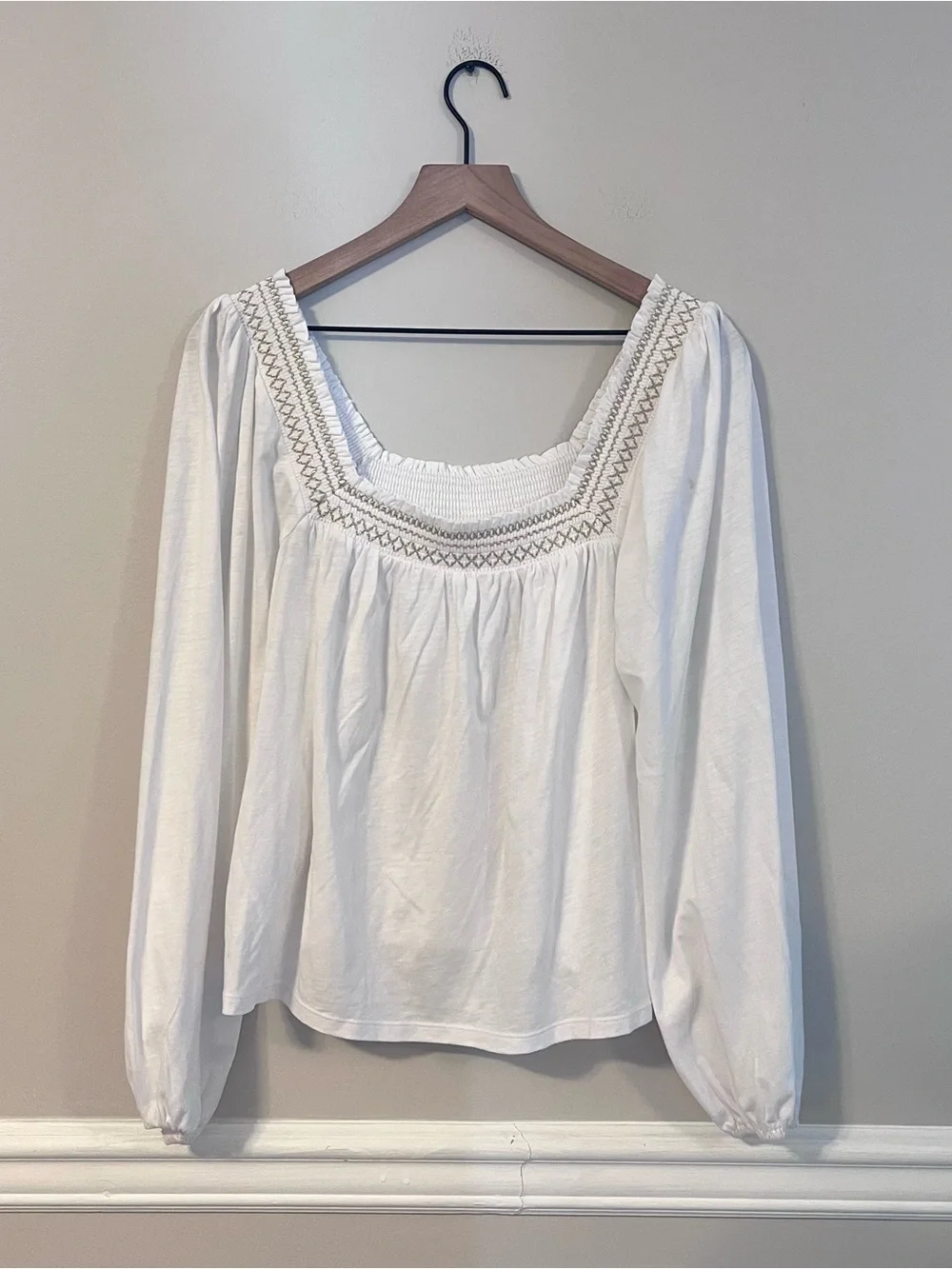 Boden Women’s Square-Neck Peasant Long Sleeve Blouse Size 8 White Balloon Sleeve